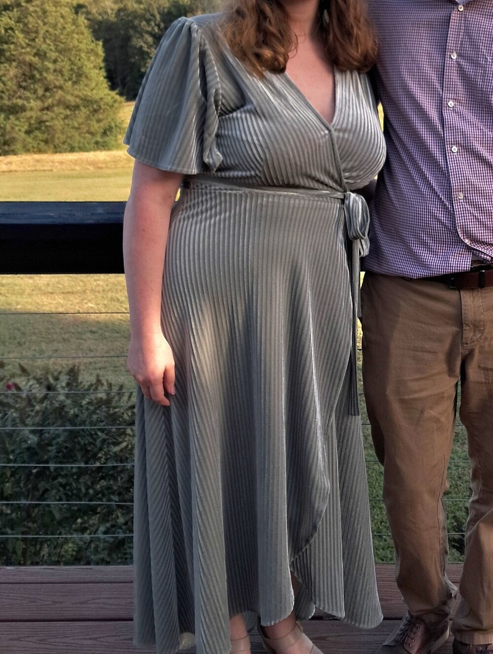 Sage Green Velvet Wrap Dress with Flutter Sleeves